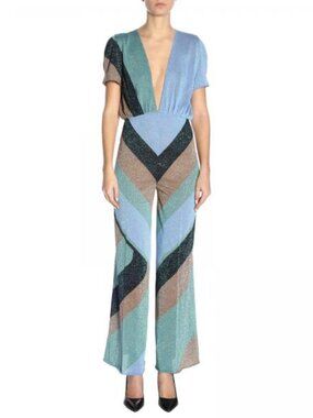 Lurex chevron jumpsuit Circus Hotel disco vintage style plunge neckline